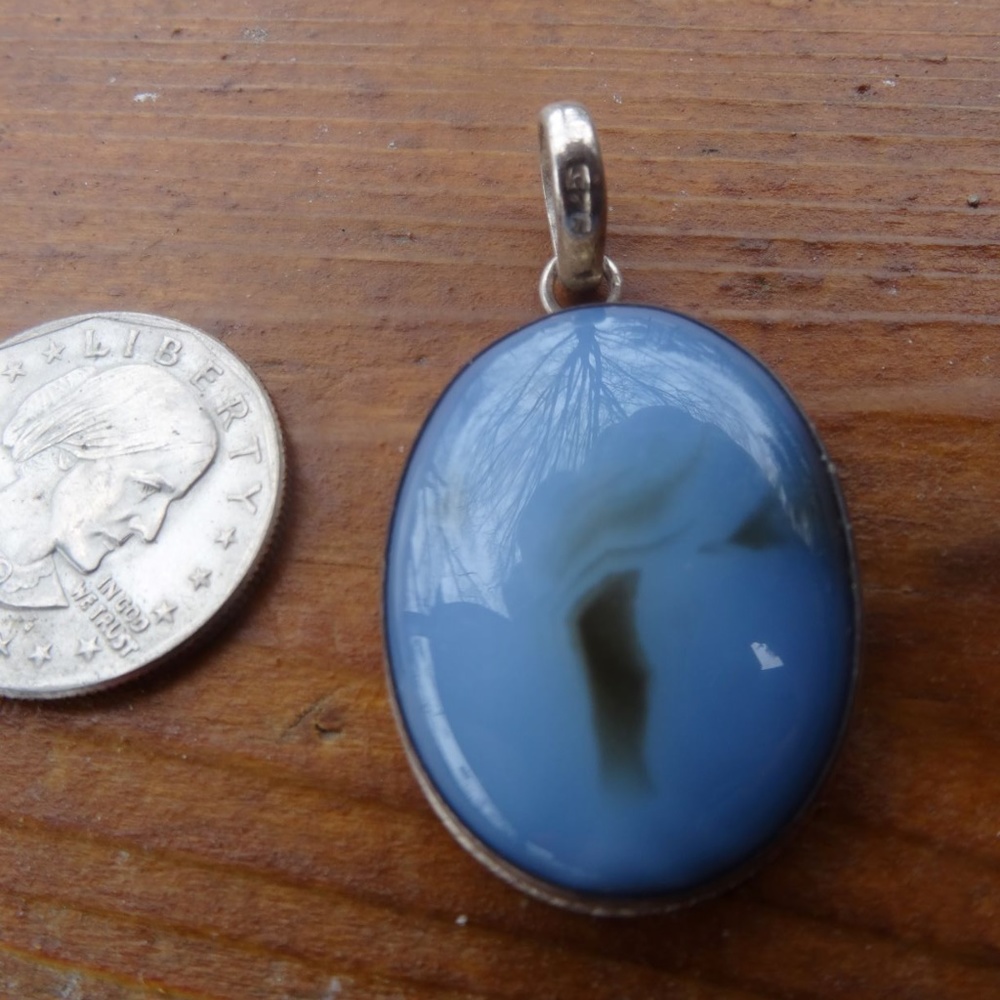 Blue w Black Agate Gemstone Pendant SS